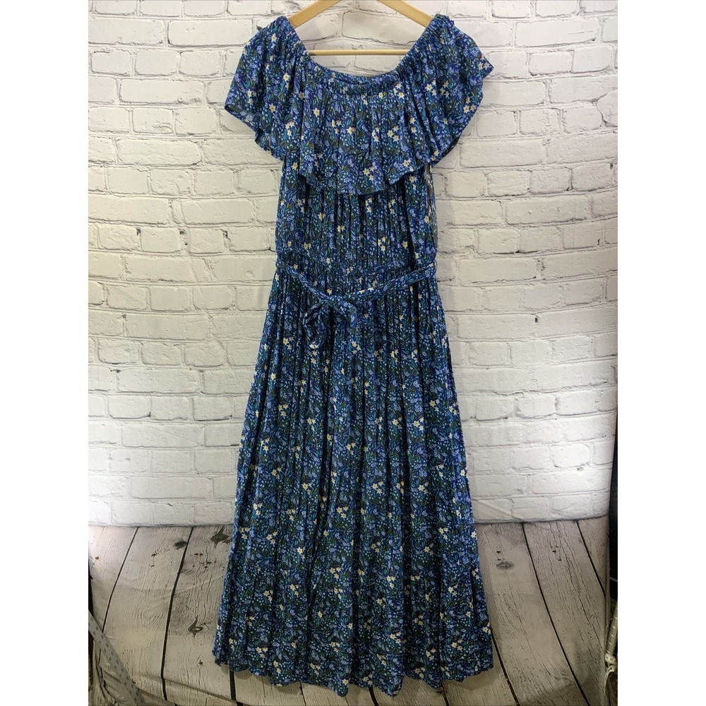 Margaux Riviera Maxi Dress Womens Sz L Blue Floral Print Cottagecore Ruffle